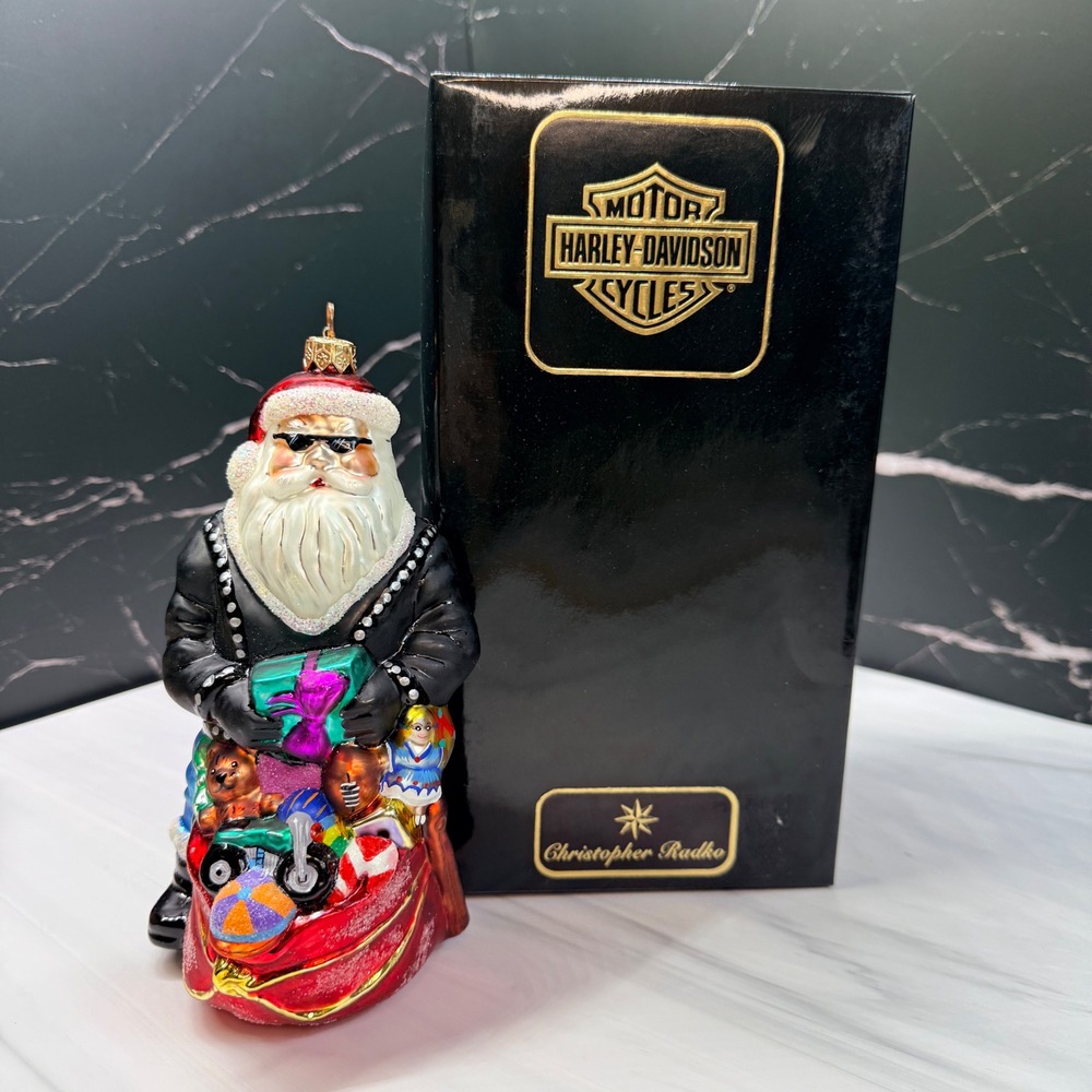 Christopher Radko Harley-Davidson Biker Santa Glass Christmas Ornament with Box